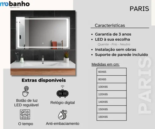 MOB 001 Paris Espelho retangular com luz led frontal