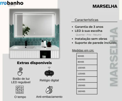 MOB 002 Marselha Espelho retnagular com luz led frontal