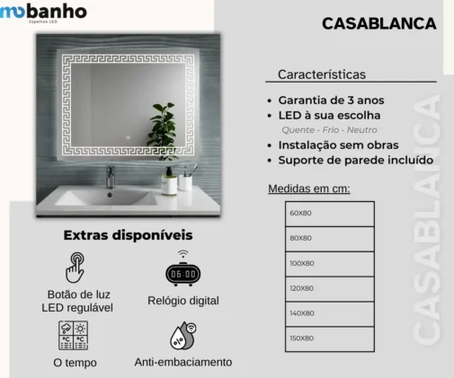 MOB 005 Espelho retangular o quadrado com luz led frontal