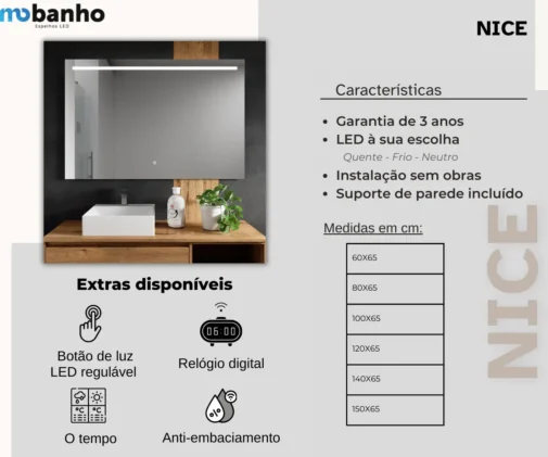 MOB 006 Espelho retangular com luz led frontal