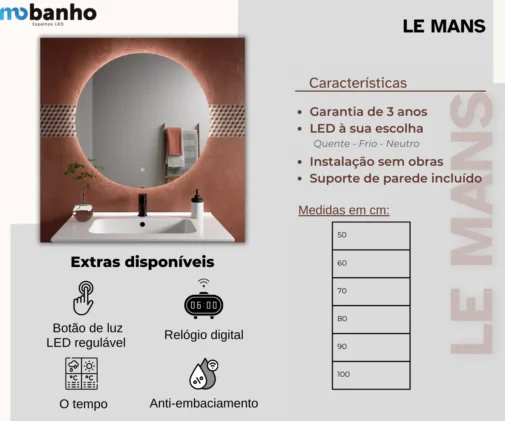 MOB 012 Le mans Espelho circular retroiluminado com luz LED