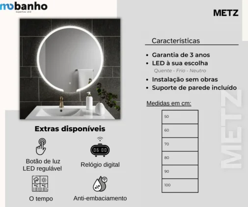 MOB 014 METZ espelho circular com luz led frontal