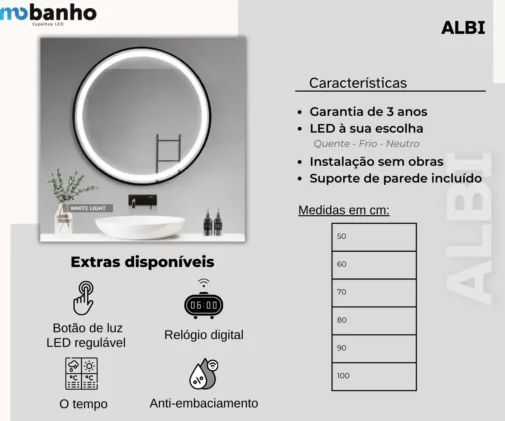 MOB 015 ALBI - Espelho redondo retroiluminado com luz LED e moldura