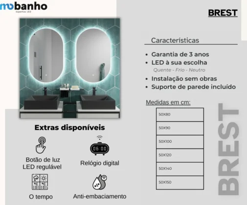 MOb 018 BREST espelho oval retroiluminado com luz led