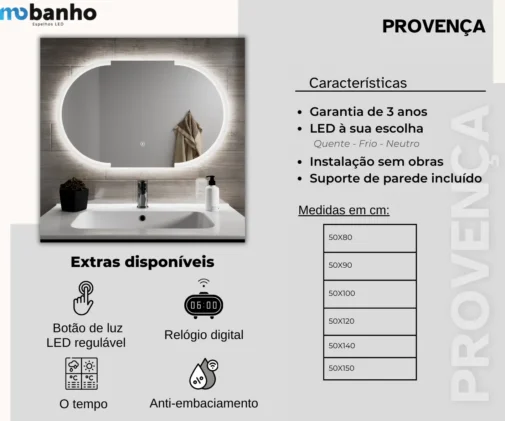 MOB 019 Provenca Espelho oval com luz led retroiluminado