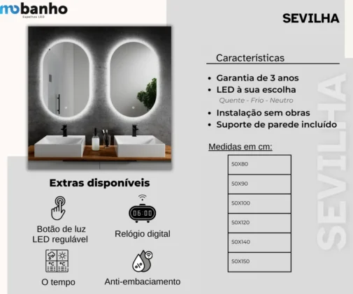 MOB 020 Sevilha espelho oval retroiluminado com luz led