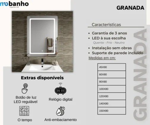 MOB 021 GRANADA retangular o quadrado com luz led frontal