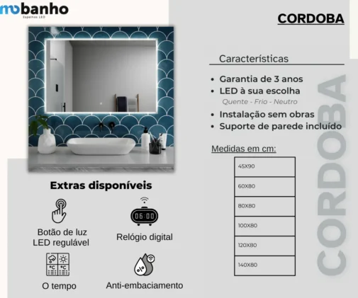 MOB 024 CORDOBA espelho retangular retroiluminado com luz led