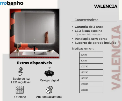 MOB 025 Valencia Espelho retroiluminado retangular o quadrado com luz led