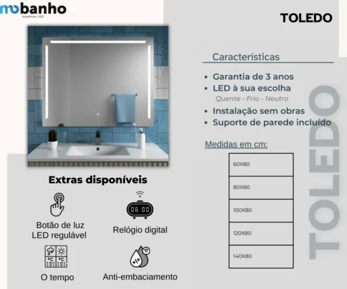 MOB 026 TOLEDO espelho retangular o quadrado com luz led frontal