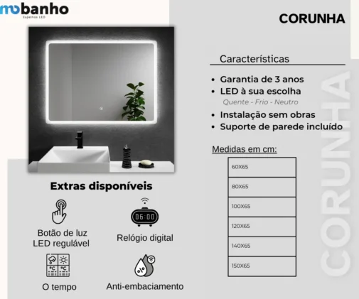 MOB 027 Corunha Espelho retroiluminado retangular com luz led