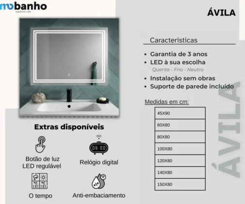 MOB 031 avila espelho retangular o quadrado com luz led frontal