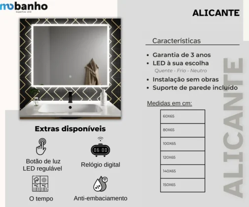 MOb 032 Alicante espelho retangular com luz led retroiluminado