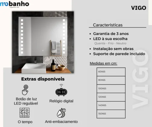 MOB035 Vigo Espelho retangular com luz led frontal