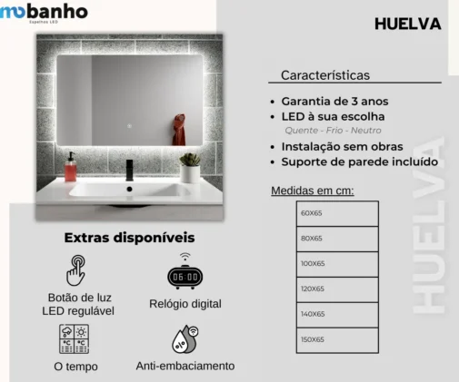 MOB 037 Huelva Espelho retangular retroiluminado com luz led